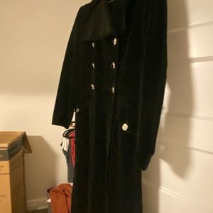 Vintage black velvet, double-breasted, long coat.